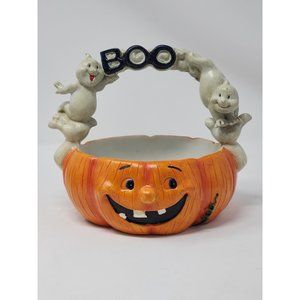 2006 Halloween Jack-O-Lantern Basket Hands Holding Ghosts Handle‎